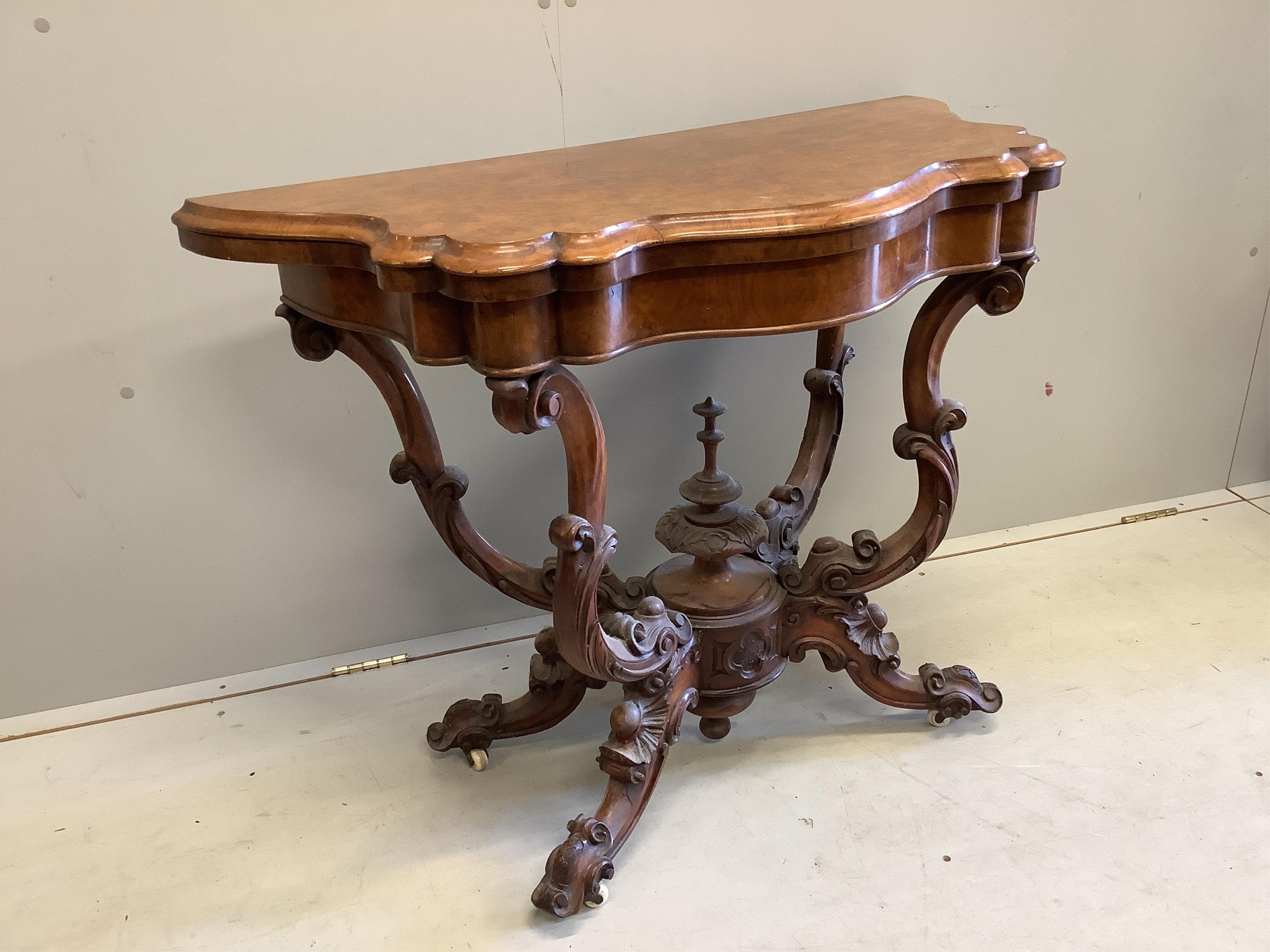 A Victorian burr walnut card table, width 99cm, depth 47cm, height 76cm